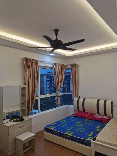 Bedroom features: queen-size bed with upholstered headboard, bedding with blue and green geometric pattern, 2 bedside pillows in red, wooden flooring, ceiling fan with 3 blades, floor-to-ceiling windows, curtains in beige, dressing table with mirror, built-in wardrobe, decorative LED ceiling lighting; style: modern; view: city.