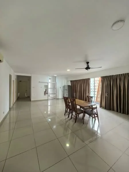 Dining features: dining table with four chairs, ceramic tile flooring, 5-blade ceiling fan with light, floor-to-ceiling windows, curtains in brown, neutral painted walls, recessed ceiling lights, open layout to living area; style: modern; view: city. Living features: ceramic tile flooring, 5-blade ceiling fan with light, floor-to-ceiling windows, curtains in brown, neutral painted walls, recessed ceiling lights, open layout to dining area; style: modern; view: city.