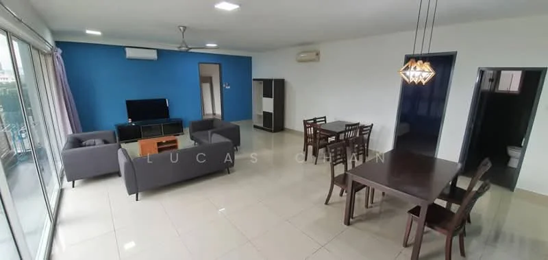 Living features: grey fabric 3-seater sofa, grey fabric 2-seater sofa, wooden coffee table, wall-mounted TV, TV console, ceiling fan with light, recessed LED downlights, white painted walls, blue accent wall, large sliding glass door, tile flooring, dining table with 6 chairs, open layout; style: modern; view: city. Dining features: dining table with 6 chairs, white painted walls, tile flooring; style: modern; view: city.