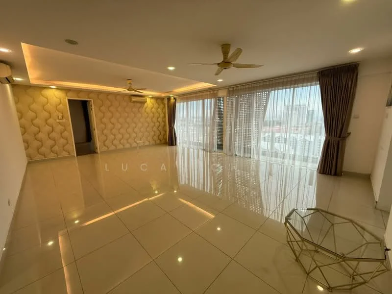 Living features: cream painted walls, white ceiling with recessed lighting, 5-blade ceiling fan with light, large floor-to-ceiling windows with sheer curtains, glossy ceramic tile flooring, decorative wall paneling, gold geometric coffee table, curtains in brown, air conditioning unit; style: modern; view: city.