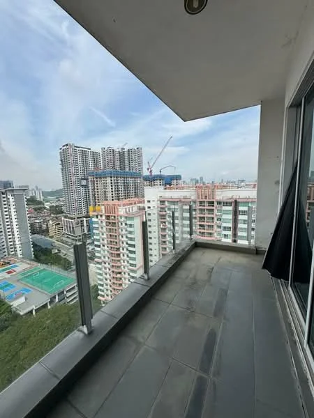 Room features: balcony, glass railing, grey tiled flooring, city skyline view, surrounding buildings, construction cranes in distance, outdoor space; style: modern; view: city.
