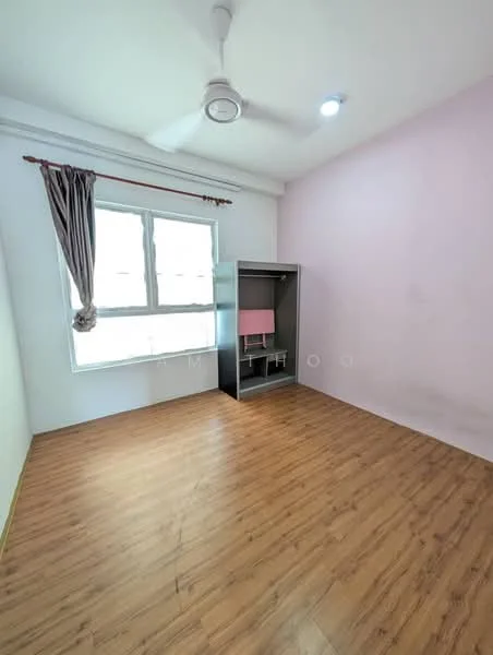 Bedroom features: light wood laminate flooring, white painted walls, pink accent wall, floor-to-ceiling window, sheer curtains, ceiling fan, built-in wardrobe, natural light; style: modern.