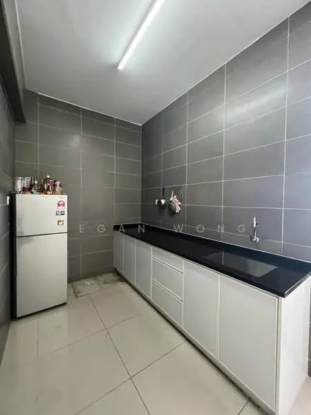 Kitchen features: grey tiled walls, white cabinetry with flat-panel doors, black granite countertop, stainless-steel fridge, single-bowl stainless-steel sink, chrome pull-down faucet, ceramic tile flooring, LED ceiling lights; style: modern.