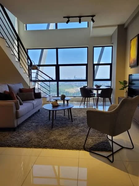 Living features: 3-seater fabric sofa in light grey, coffee table with round glass top, area rug with plush texture, floor-to-ceiling windows, city view, wall-mounted TV, decorative wall art, recessed lighting, ceiling-mounted track lighting, side chair with metal legs, dining table for two, decorative plants; style: modern; view: city.