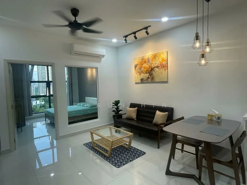Living features: white painted walls, glossy white tile flooring, 5-blade ceiling fan with light, recessed LED downlights, sofa in black leather, coffee table in wood, area rug with geometric pattern, dining table for four, pendant lights, floor-to-ceiling windows, curtains, view of city skyline; style: modern; view: city. Bedroom features: bed with green bedding, floor-to-ceiling windows, curtains, view of city skyline; style: modern; view: city.