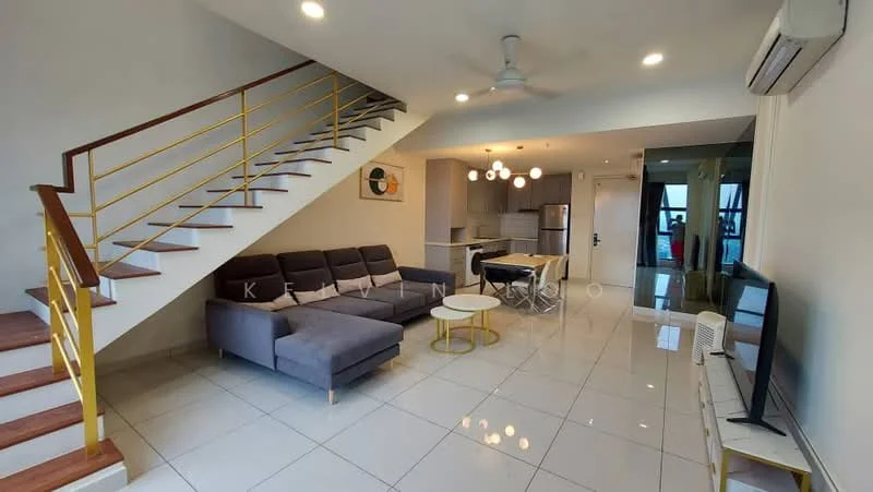 Living features: grey fabric L-shape sectional sofa, white coffee table with gold legs, wall-mounted TV, TV console, recessed ceiling lights, 5-blade ceiling fan, large glass sliding door, white tiled flooring, decorative wall art, staircase with wooden steps and yellow railing; style: modern. Kitchen features: open-plan kitchen layout, white cabinetry, stainless-steel appliances, kitchen island with seating, grey countertops, refrigerator, built-in oven, microwave; style: modern.