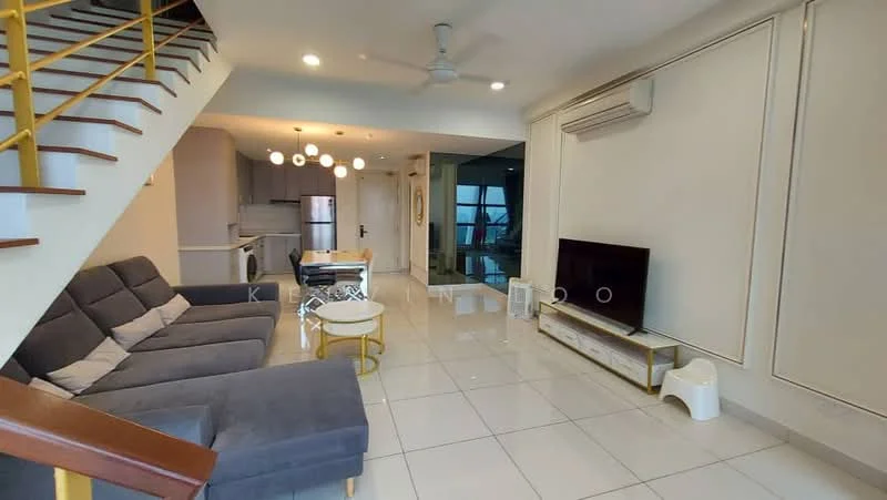 Living features: 3-seater fabric sofa in grey, coffee table, wall-mounted TV, TV console, white tiled flooring, ceiling fan, recessed downlights, decorative wall paneling, large windows with city view, open layout to kitchen, staircase with wooden handrail; style: modern; view: city. Kitchen features: white cabinetry, stainless-steel appliances, open-plan layout, countertop with bar seating, ceramic tile flooring; style: modern.