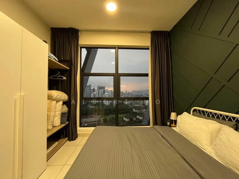 Bedroom features: king-size bed with grey bedding, white metal bed frame, green accent wall with geometric pattern, floor-to-ceiling windows, dark curtains, white wardrobe, open shelving unit, stacked bedding and towels, tile flooring, recessed ceiling lights; style: modern; view: city.