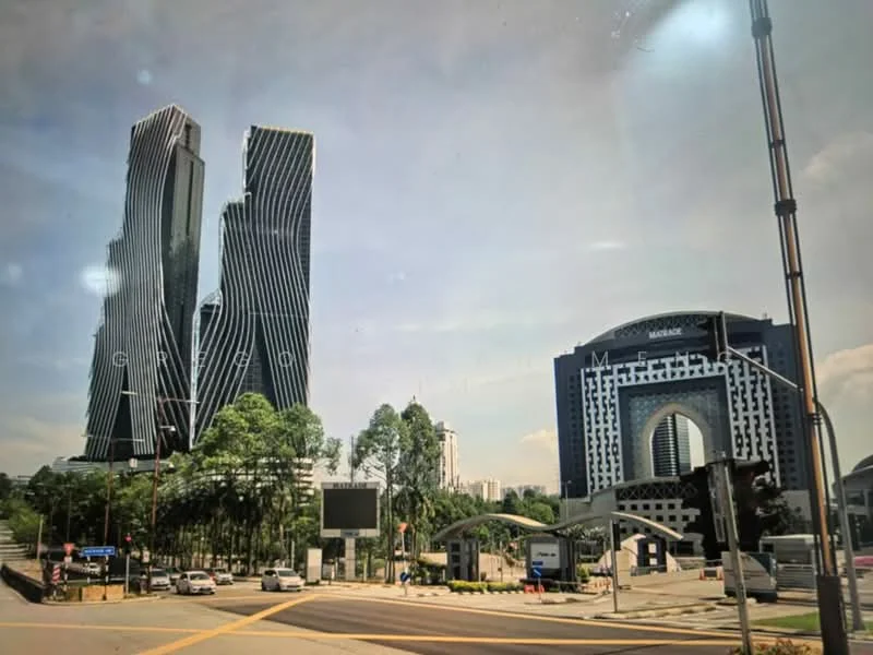 Exterior type: high-rise condominium; features: glass curtain wall, twisting facade, surrounded by greenery, urban context, modern architectural design, prominent skyline presence; style: modern.
