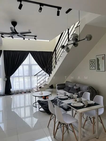 Living features: 5-blade ceiling fan with integrated LED light, grey fabric sofa, coffee table, area rug, floor-to-ceiling windows with sheer curtains, white walls, white tiled flooring, decorative wall art, dining table with white chairs, staircase with metal railing; style: modern; view: city.