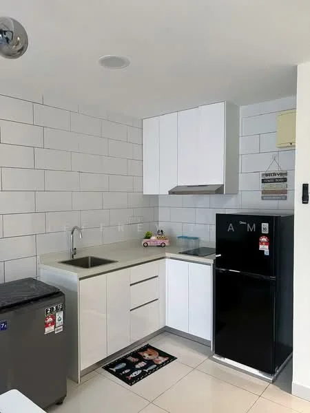 Kitchen features: white cabinetry, black refrigerator, stainless-steel sink, chrome faucet, light-colored countertop, white tiled backsplash, grey tiled flooring, built-in oven, kitchen mat, wall-mounted cabinets, under-cabinet lighting; style: modern.