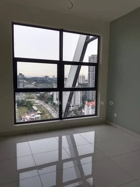 Room features: large floor-to-ceiling windows, grey painted walls, white tiled flooring, city skyline view, natural light from windows; style: modern; view: city.