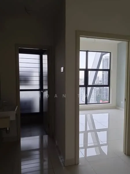 Room features: white painted walls, glossy tile flooring, large windows, city view, doorway leading to another room, frosted glass door, neutral color scheme, high ceiling; style: modern; view: city.