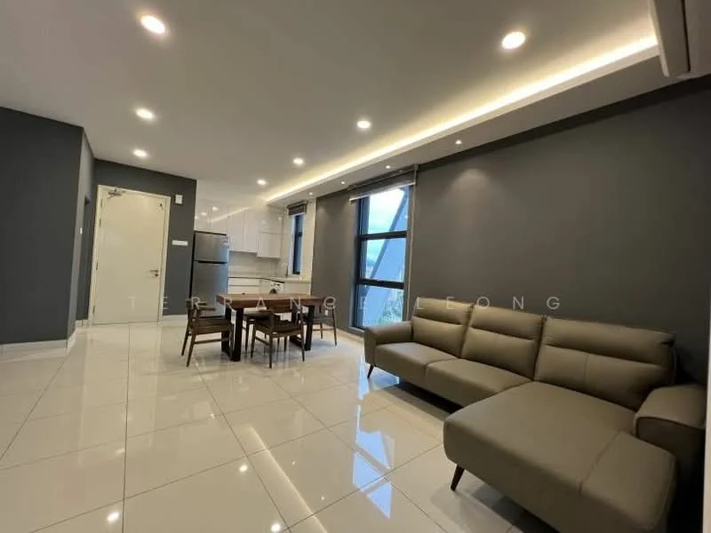 Living features: grey painted walls, white ceiling with recessed lighting, white tiled flooring, 3-seater fabric sofa in beige, coffee table, dining table with 4 chairs, floor-to-ceiling windows, curtains, kitchen area visible in background, open layout; style: modern.