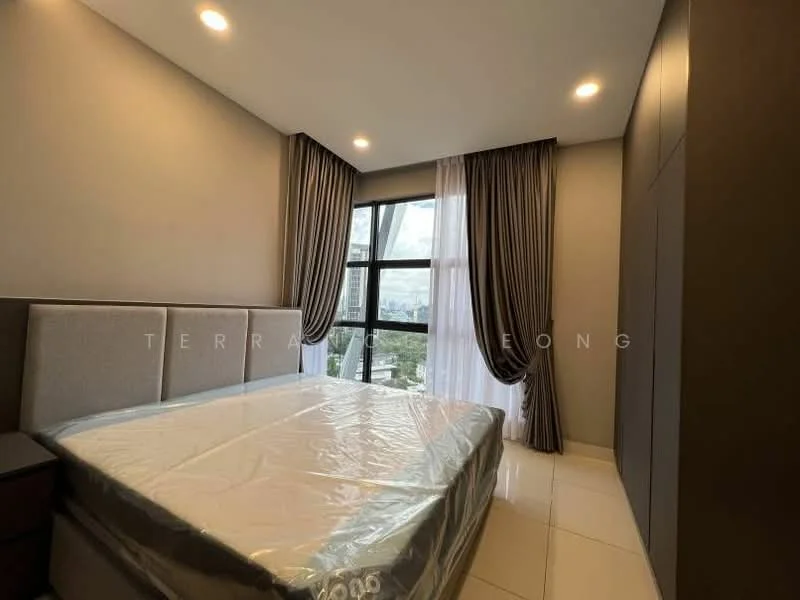 Bedroom features: queen-size bed, upholstered headboard, floor-to-ceiling windows, sheer curtains, blackout curtains, grey painted walls, white tiled flooring, built-in wardrobe, recessed downlights; style: modern; view: city.