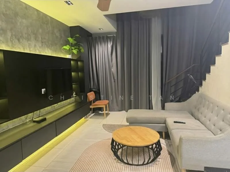 Living features: grey fabric L-shape sectional sofa, wooden coffee table with black metal base, wall-mounted flat-screen TV, black TV console with LED lighting, grey accent wall, light-colored flooring, curtains in dark grey, decorative plant on shelf, staircase with metal railing; style: modern.