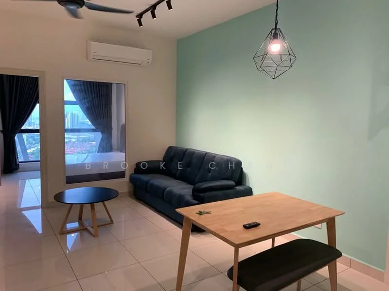 Living features: 3-seater fabric sofa in navy blue, round coffee table, dining table with 2 chairs, floor-to-ceiling windows, curtains, wall-mounted air conditioning unit, pendant light fixture, glossy tile flooring, light green painted wall, ceiling with track lighting, decorative plant on table; style: modern; view: city.