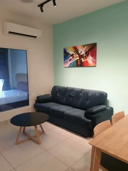 Living features: blue fabric 3-seater sofa, round black coffee table, light wood dining table, 4 dining chairs, wall-mounted split AC, light grey tiled flooring, green painted accent wall, framed abstract artwork, large window with sheer curtains; style: modern.