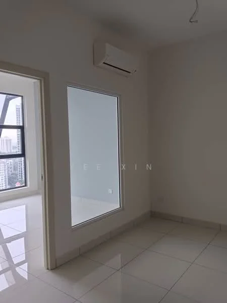 Room features: white painted walls, glossy tile flooring, 1 wall-mounted split AC, large window with city view, doorway leading to another room, mirror on wall; style: modern; view: city.