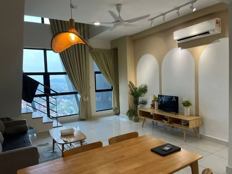 Living features: 3-seater fabric sofa in grey, wooden coffee table, TV console, wall-mounted TV, floor-to-ceiling windows, curtains in light fabric, ceiling fan, recessed downlights, decorative plant, area rug with neutral tones, open staircase, light fixture with woven shade; style: modern; view: city.