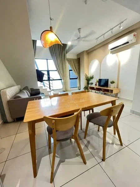 Dining features: wooden dining table, 3 wooden dining chairs, pendant lamp with warm light, tile flooring, light grey walls, floor-to-ceiling windows, curtains, ceiling fan with light, wall-mounted TV, sofa in grey fabric, wooden TV console; style: modern; view: city.