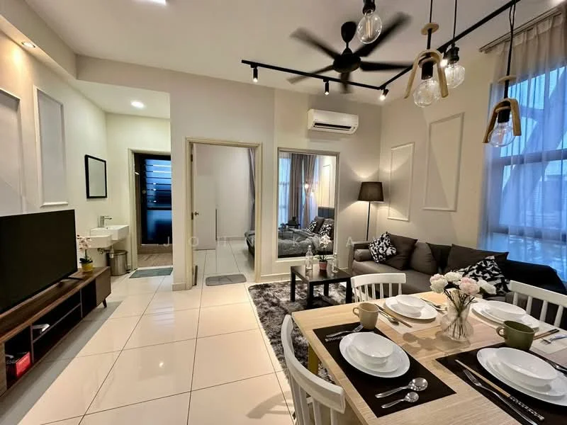Living features: white painted walls, glossy tile flooring, 5-blade ceiling fan with light, sofa with decorative cushions, coffee table, TV console, wall-mounted TV, area rug, floor-to-ceiling windows with sheer curtains, decorative wall art; style: modern. Dining features: 6-seater dining table, white dining chairs, table set with plates and cutlery, decorative vase with flowers; style: modern. Room features: doorway leading to another room, light fixture, air conditioning unit.
