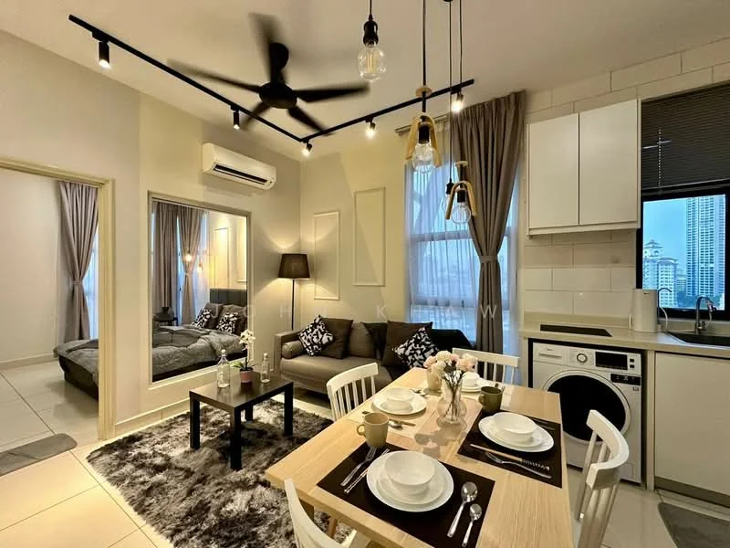 Living features: 5-blade ceiling fan with light, recessed LED downlights, floor-to-ceiling windows, grey area rug, black coffee table, 2-seater fabric sofa in grey, decorative cushions, wall-mounted mirror, dining table with 4 chairs, white cabinetry, built-in washing machine, kitchen countertop, window treatments with sheer curtains; style: modern; view: city.
