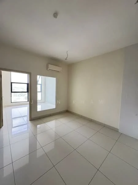 Room features: white painted walls, glossy ceramic tile flooring, 1 wall-mounted split AC, large window with city view, doorway leading to another room, neutral ceiling, no visible furniture or decor; style: modern; view: city.