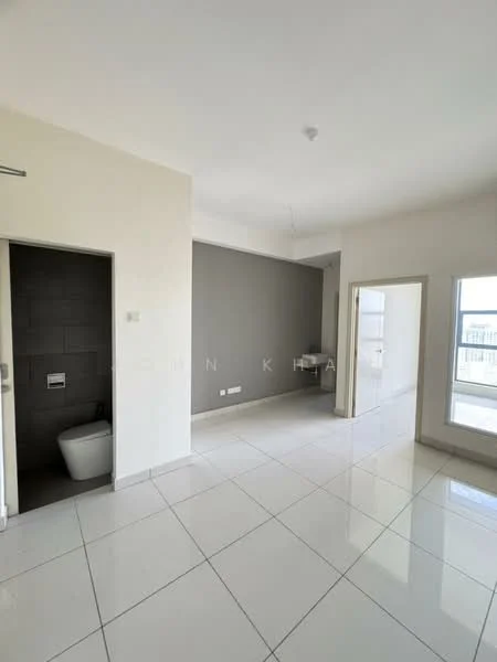 Room features: white painted walls, grey accent wall, glossy white tile flooring, floor-to-ceiling windows, sliding glass door, recessed ceiling lights, open layout, visible bathroom door; style: modern; view: city.