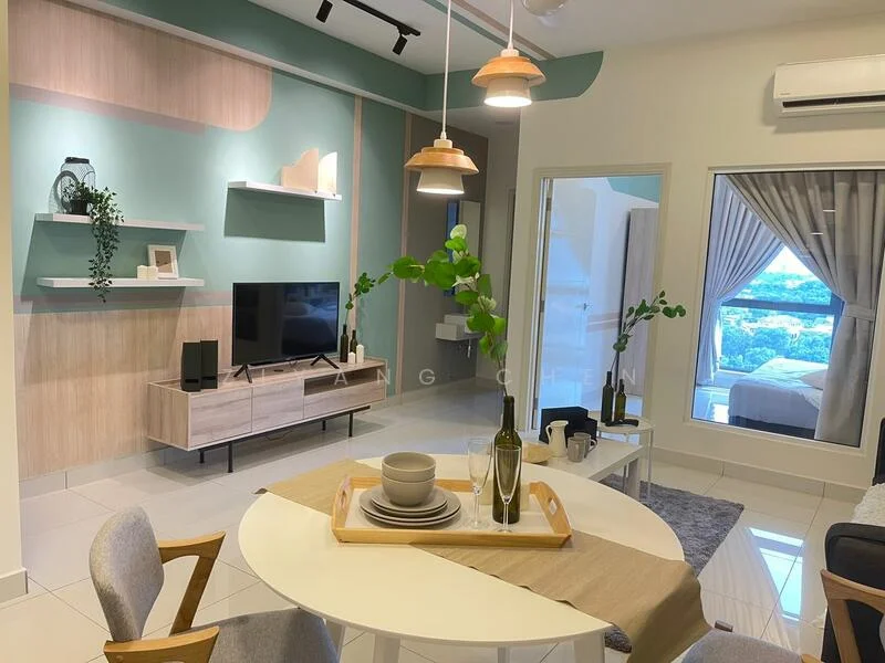 Living features: light grey walls, green accent wall, wood panel feature wall, white ceiling, recessed downlights, hanging pendant lights, floor-to-ceiling windows, sliding glass door, light-coloured sofa, wooden TV console, wall-mounted TV, decorative plants, round dining table, upholstered dining chairs, decorative tray with bottles and dishware; style: modern; view: garden.