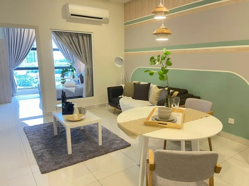 Living features: white painted walls, green accent wall, light wood paneling, white ceiling, recessed downlights, 5-blade ceiling fan, large window with city view, black fabric sofa, decorative cushions, white coffee table, area rug with soft texture, dining table with 4 chairs, decorative plant on table, glassware on table, tray on table; style: modern; view: city.