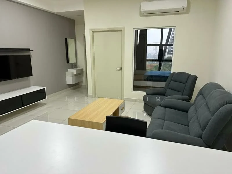 Living features: grey fabric 3-seater sofa, grey fabric 2-seater sofa, wooden coffee table, wall-mounted TV, white TV console with storage, cream painted walls, tile flooring, air conditioning unit, large window with city view, mirror on wall, light from window; style: modern; view: city.