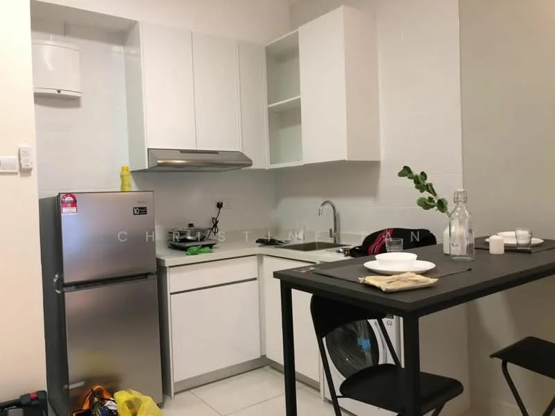 Kitchen features: white cabinetry, stainless-steel fridge, built-in oven, stainless-steel range hood, single-bowl stainless-steel sink, chrome pull-down faucet, white tiled backsplash, ceramic tile flooring, black dining table, plastic chair, decorative plant on countertop, glass water bottle, dishes on table; style: modern.