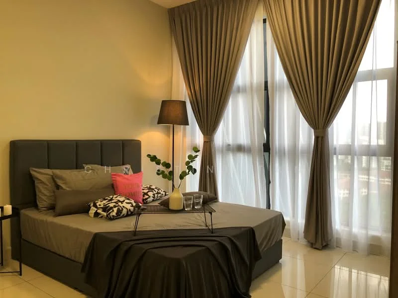 Bedroom features: king-size bed, upholstered headboard, grey bedding, decorative pillows, nightstand, table lamp, floor-to-ceiling windows, sheer curtains, dark curtains, ceramic tile flooring, decorative plant, tray with glasses; style: modern; view: city.