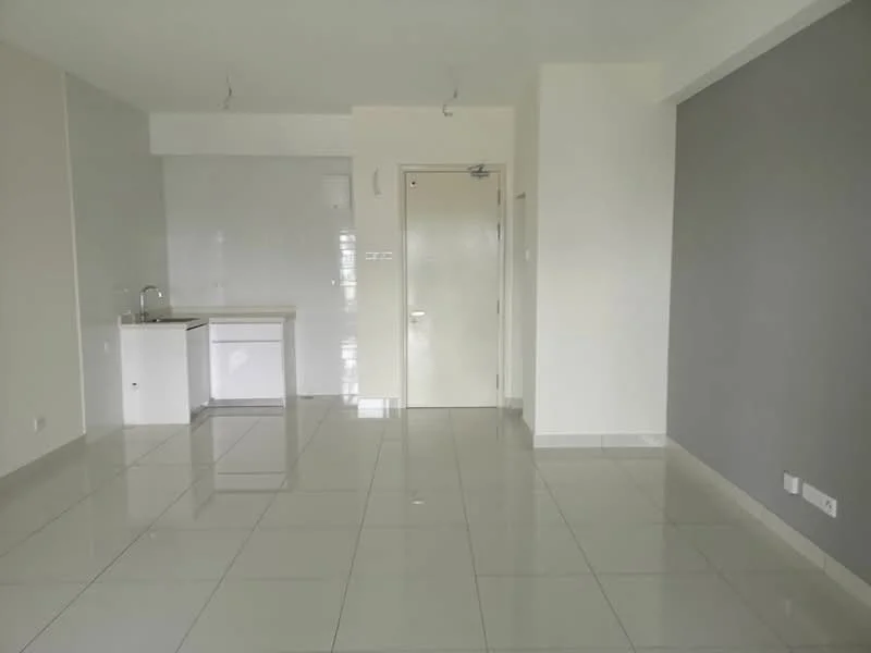 Room features: white painted walls, grey accent wall, glossy tile flooring, kitchenette with sink, built-in cabinetry, door leading to hallway, large windows for natural light, recessed ceiling lights; style: modern.
