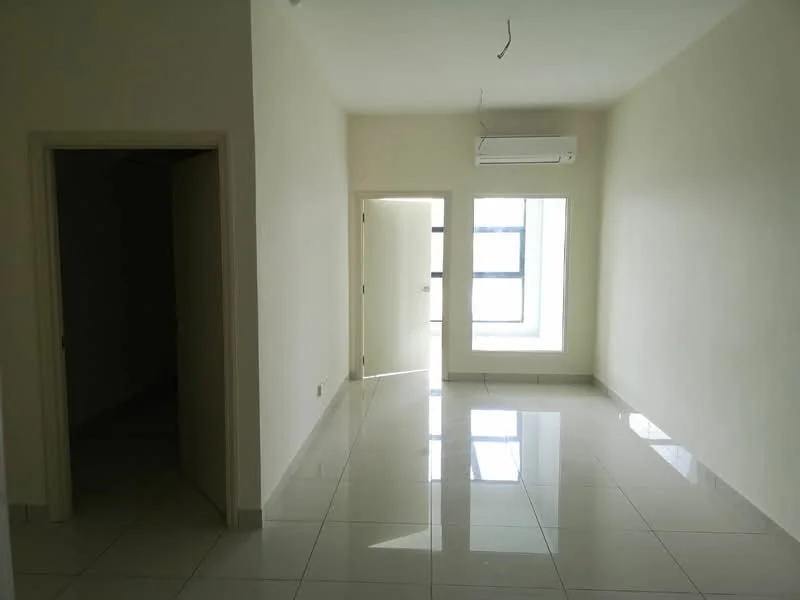 Room features: white painted walls, glossy white tile flooring, floor-to-ceiling window, sliding door, 1 wall-mounted split AC, ceiling light fixture, doorway leading to another room, doorway leading outside; style: modern.