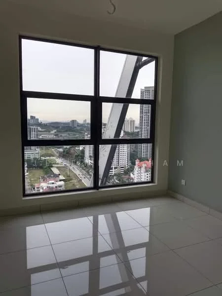 Room features: large floor-to-ceiling windows, grey painted walls, white tiled flooring, city skyline view, natural light from windows, minimalist design, no visible furniture, clean lines; style: modern; view: city.