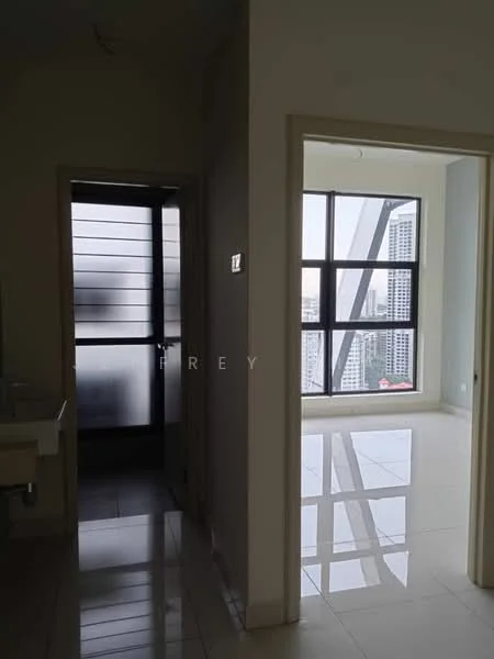 Room features: white painted walls, glossy tile flooring, large windows, city view, doorway leading to another room, frosted glass door, light fixture on ceiling; style: modern; view: city.
