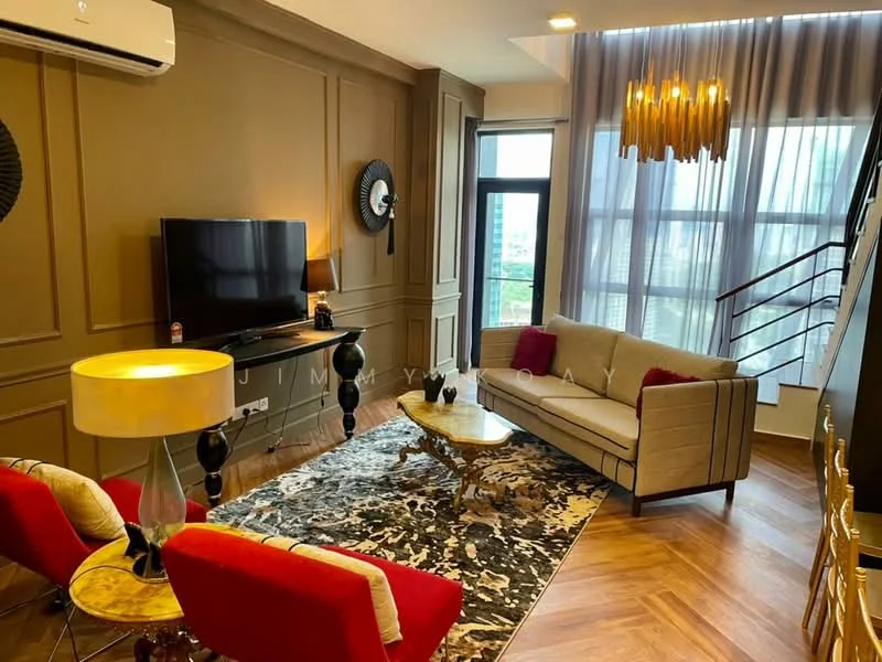 Living features: sofa in light beige fabric, 3-seater sofa, red accent chairs, coffee table with gold legs, area rug with abstract pattern, wall-mounted TV, decorative wall clock, wooden flooring, recessed downlights, chandelier with multiple bulbs, floor-to-ceiling windows, curtains in sheer fabric, wall paneling in brown, staircase with wooden steps; style: modern; view: city.