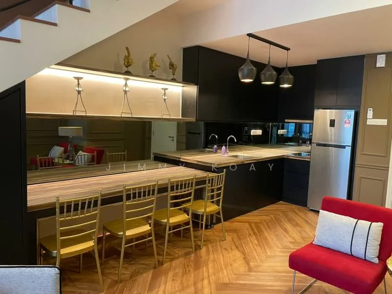 Kitchen features: black cabinetry, wooden countertop, stainless-steel fridge, double-bowl stainless-steel sink, chrome pull-down faucet, black backsplash, pendant lighting, bar seating with gold chairs, open layout, wooden flooring, mirror wall, built-in oven, induction cooktop; style: modern.