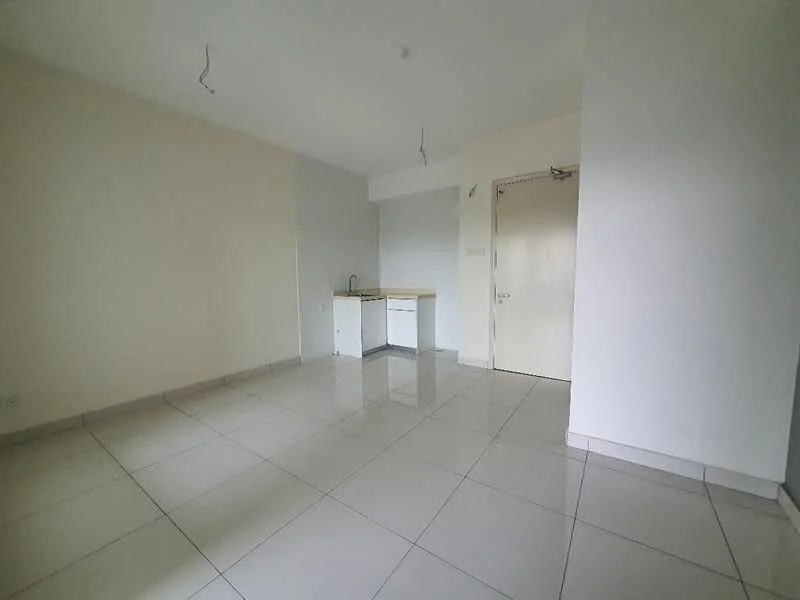 Room features: white painted walls, glossy ceramic tile flooring, kitchenette with countertop, single-basin sink, white cabinetry, door leading to another room, two ceiling light fixtures; style: modern.