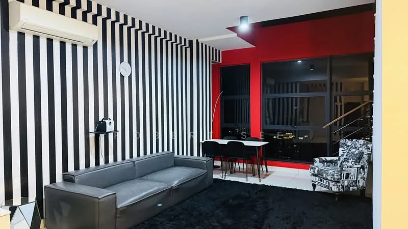 Living features: black and white striped accent wall, solid red wall, black area rug, 3-seater leather sofa in black, dining table with 4 chairs, floor-to-ceiling windows, wall-mounted clock, 1 wall-mounted split AC, decorative armchair with graphic pattern, recessed downlights; style: modern; view: city.