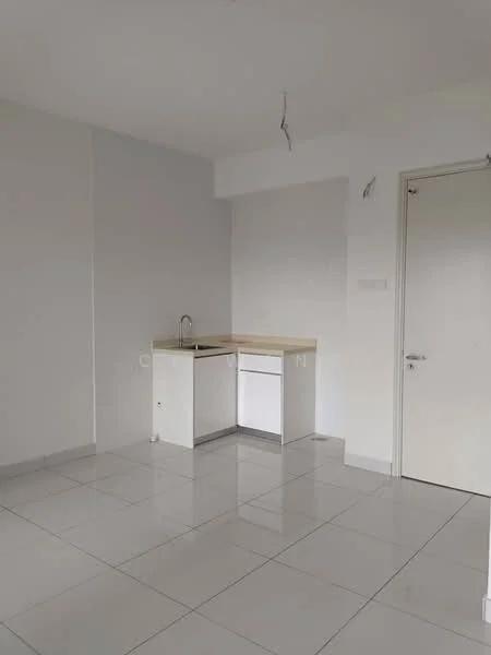 Kitchen features: white painted walls, glossy white tile flooring, laminate countertop, single-bowl stainless-steel sink, chrome pull-down faucet, built-in dishwasher, under-cabinet lighting, open layout, no visible appliances, minimalist cabinetry; style: modern.