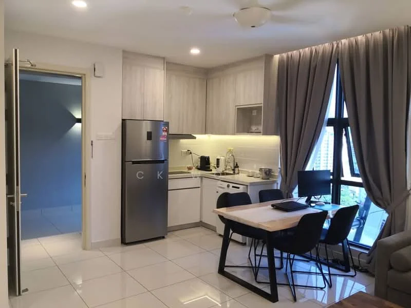 Kitchen features: stainless-steel fridge, built-in oven, freestanding range oven, microwave, white shaker cabinets, laminate countertop, white subway tile backsplash, single-bowl stainless-steel sink, chrome pull-down faucet, 4-burner gas hob, recessed LED downlights, floor-to-ceiling windows, ceramic tile flooring; style: modern; view: city. Dining features: 6-seater dining table, black dining chairs; style: modern; view: city. Living features: 3-seater fabric sofa in grey, coffee table, area rug, ceiling fan; style: modern; view: city.