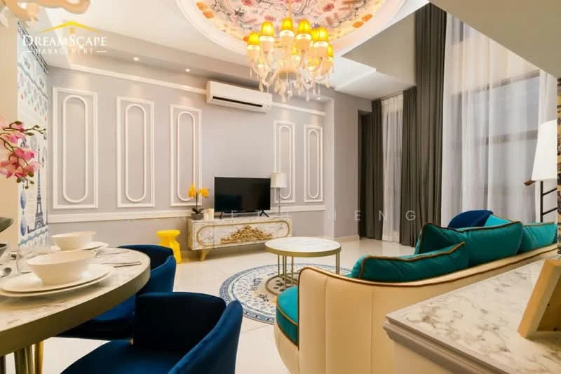 Living features: cream painted walls, decorative ceiling with chandelier, recessed downlights, floor-to-ceiling windows with sheer curtains, wall-mounted TV, white marble flooring, blue velvet sofa, round coffee table with marble top, decorative area rug, gold accent table, blue upholstered dining chairs, white sideboard with decorative elements; style: modern.