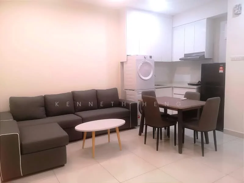 Living features: L-shape sectional sofa in grey, coffee table with round top and wooden legs, dining table for four with upholstered chairs, white painted walls, tile flooring, built-in kitchen cabinetry in white, stainless-steel fridge, front-load washing machine, kitchen countertop with integrated sink, exhaust hood above stove, wall-mounted air conditioning unit, recessed lighting; style: modern.