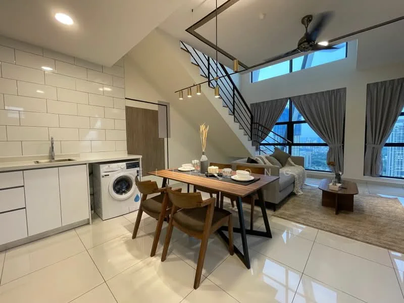 Kitchen features: white cabinetry, stainless-steel sink, chrome pull-down faucet, white subway tile backsplash, built-in oven, freestanding washing machine; style: modern; view: city. Dining features: wood dining table, 4 wooden dining chairs, table setting with plates and cutlery, pendant lighting above table; style: modern; view: city. Living features: fabric sofa, area rug, floor-to-ceiling windows, curtains, ceiling fan with light; style: modern; view: city.