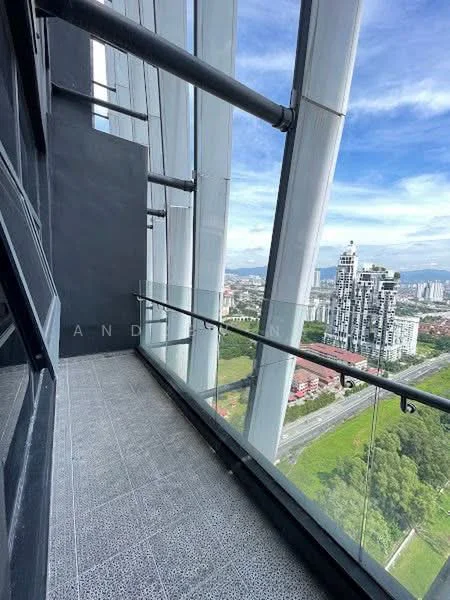 Room features: glass balcony railing, grey tiled flooring, city skyline view, high-rise building structure, outdoor space, modern architectural design; style: modern; view: city.