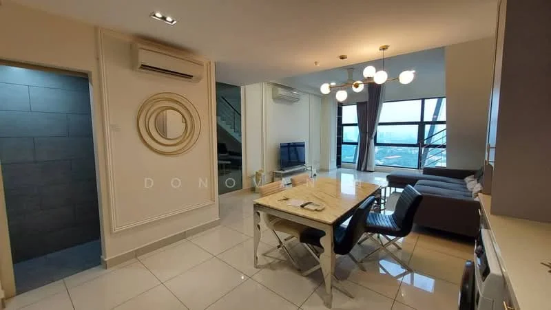 Living features: grey fabric sofa, 3-seater sofa, coffee table, wall-mounted TV, area rug, floor-to-ceiling windows, curtains, recessed downlights, white painted walls, tile flooring; style: modern; view: city. Dining features: 6-seater dining table, white table with wooden legs, black dining chairs, decorative wall mirror, pendant lighting; style: modern. Kitchen features: stainless-steel sink, built-in cabinetry, kitchen appliances visible, tile backsplash, countertop, refrigerator; style: modern. Bathroom features: tile flooring, grey tiled walls, light fixture, door to bathroom.