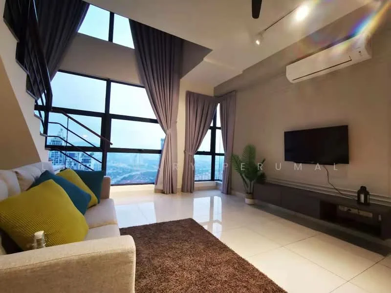 Living features: 3-seater fabric sofa in light grey, decorative cushions in blue and green, area rug in brown, wall-mounted TV, TV console in dark wood, floor-to-ceiling windows, curtains in light grey, split air conditioning unit, ceiling fan, potted plant, recessed downlights, white painted walls, glossy tile flooring; style: modern; view: city.
